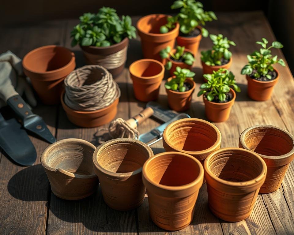 A well-lit, high-angle shot of an assortment of garden planter materials laid out on a wooden table. In the foreground, a variety of terra cotta pots, ranging from small to medium-sized, with intricate textures and muted earthy tones. In the middle ground, a bundle of twine, a trowel, and a pair of gardening gloves, suggesting the tools needed for potting herbs. In the background, a few small potted herbs, their lush green foliage contrasting with the neutral-toned planter materials. The lighting is soft and natural, casting gentle shadows and highlighting the organic textures of the scene. The overall atmosphere is one of rustic simplicity, inviting the viewer to envision the process of creating a thriving herb garden.