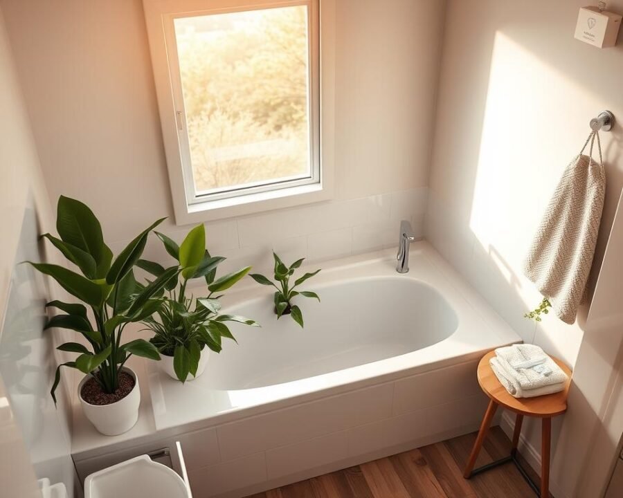 A well-lit, high-angle view of a corner garden tub installation in a modern mobile home bathroom. The tub is sunken into the corner, with sleek, white tile walls and a gleaming chrome faucet. The tub is surrounded by lush, verdant potted plants and a small side table holding plush towels. Warm, natural lighting filters in through a large window, casting a soft glow over the scene. The overall atmosphere is one of tranquility, comfort, and thoughtful design.