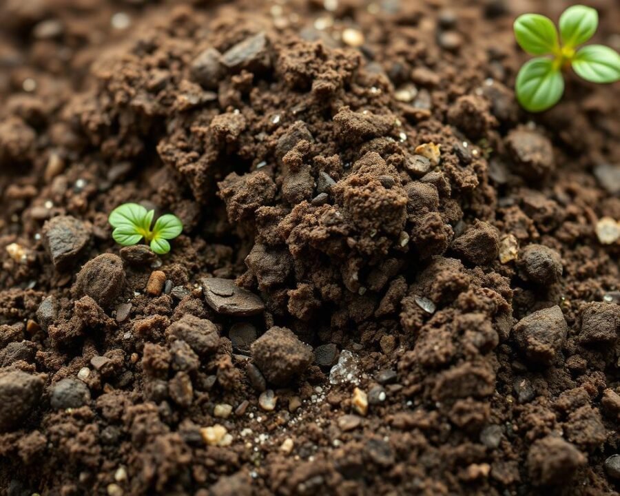A well-lit, high-resolution close-up image of an ideal soil mix for growing herbs, showcasing a balanced blend of dark, nutrient-rich compost, light and airy peat moss, and a scattering of coarse sand for drainage. The soil should have a warm, earthy tone and a loose, crumbly texture, inviting the viewer to imagine the lush, vibrant herbs that will thrive in this carefully curated growing medium. The image should be captured from a slight overhead angle, highlighting the layers and texture of the soil, with soft, diffused lighting that creates a sense of depth and dimension.