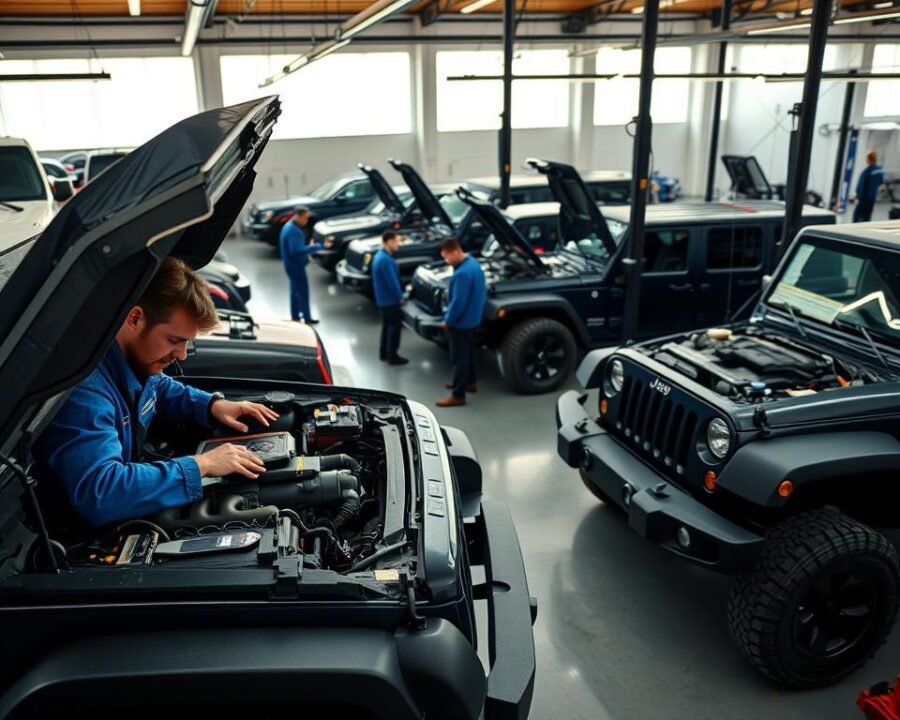 A well-lit, high-resolution image of a modern Jeep service and maintenance workshop. In the foreground, a mechanic in a blue jumpsuit meticulously inspects the engine of a Jeep Wrangler, surrounded by tools and diagnostic equipment. In the middle ground, several other Jeeps are being serviced, with mechanics working diligently under the hood and around the vehicles. The background features a spacious, organized workshop with ample natural lighting streaming in through large windows, conveying a sense of professionalism and expertise. The overall scene evokes a calm, efficient atmosphere of Jeep care and attention to detail.
