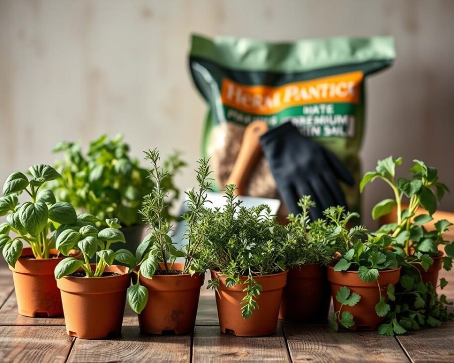 A well-lit, high-resolution photograph of an artfully arranged herb planting essentials setup. In the foreground, a selection of potted herb plants in various stages of growth, including basil, rosemary, thyme, and parsley. In the middle ground, a small trowel, gardening gloves, and a bag of premium potting soil. In the background, a rustic wooden table or surface with a clean, simple backdrop, perhaps a neutral-colored wall or a soft, natural light source. The overall scene has a warm, inviting tone, conveying a sense of tranquility and the joy of nurturing fresh herbs at home.