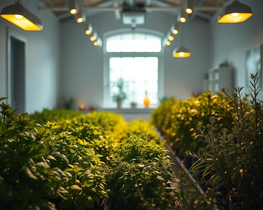 A well-lit indoor greenhouse with lush, vibrant herbs growing under a mix of natural and artificial lighting. The foreground features an array of potted herbs like basil, thyme, and rosemary, bathed in warm, golden illumination from overhead grow lights. In the middle ground, a large window allows soft, diffused daylight to filter in, casting gentle shadows and highlights on the plants. The background showcases a minimalist, modern interior design with clean, white walls and simple, understated decor, creating a serene, spa-like atmosphere that complements the natural, organic elements of the herbs.
