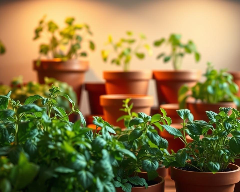 A well-lit indoor herb garden, showcasing a balanced arrangement of pots and plants. The foreground features a selection of healthy herbs, their vibrant leaves illuminated by a soft, warm light from above. The middle ground depicts a variety of terracotta pots in varying sizes, strategically placed to create a visually appealing composition. The background subtly fades into a neutral, earthy tone, allowing the plants and pots to take center stage. The lighting is carefully calibrated, creating depth and dimension, highlighting the textures and colors of the herbs. The overall mood is one of serenity and natural harmony, perfectly suited for the "How to Choose the Right Indoor Herb Garden" section of the article.