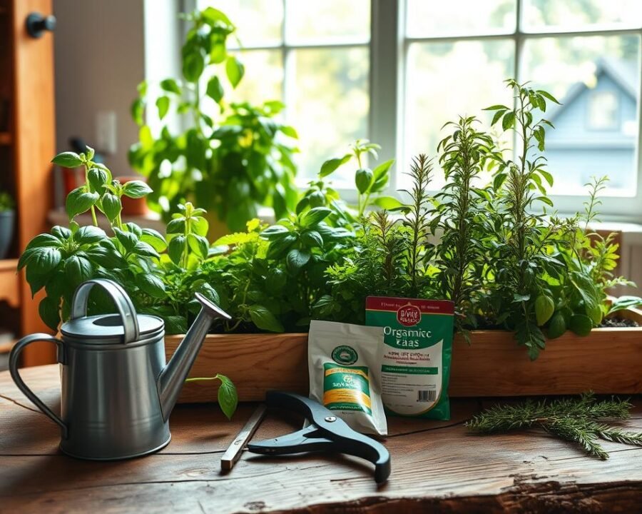A well-lit indoor herb garden, with vibrant green plants thriving on a rustic wooden table. In the foreground, a small watering can, pruning shears, and a packet of organic fertilizer, conveying the essential tools for proper herb care. The middle ground features a variety of herbs, such as basil, thyme, and rosemary, each with distinctive foliage and textures. In the background, a large window allows natural sunlight to pour in, creating a warm, inviting atmosphere. The scene is captured with a slightly wide-angle lens, emphasizing the cozy, homely setting perfect for an indoor herb garden.