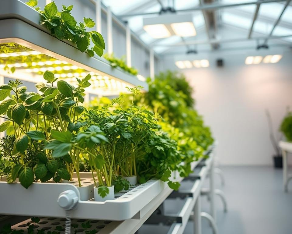 A well-lit indoor hydroponic system, showcasing a variety of lush, verdant herbs thriving in a controlled, nutrient-rich environment. The foreground features a modern, sleek setup with stacked grow trays, each housing a different herb - basil, rosemary, thyme, and cilantro. The middle ground displays a carefully designed irrigation system, with clear tubing and small water pumps ensuring a constant flow of nutrients. The background highlights the clean, minimalist aesthetic of the space, with white walls and a high-ceiling that creates an airy, greenhouse-like ambiance. Soft, diffused lighting from overhead fixtures casts a warm glow, emphasizing the vibrant colors and healthy foliage of the hydroponic garden.