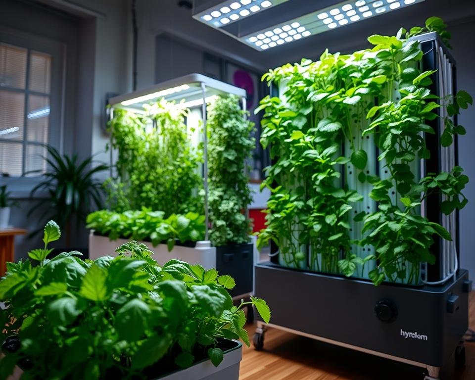 A well-lit indoor scene, showcasing several hydroponic herb gardens in different sizes and setups. In the foreground, a small tabletop unit with vibrant green leaves of basil, mint, and cilantro. In the middle ground, a larger vertical garden with an assortment of herbs illuminated by full-spectrum LED lights. In the background, a large hydroponic system with cascading water channels and an array of thriving leafy greens. The overall composition highlights the versatility and compact nature of these self-contained, low-maintenance indoor gardens. Captured with a wide-angle lens to provide a comprehensive, visually compelling comparison of the top hydro herb garden options.