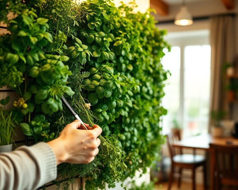 A well-lit indoor scene with a vertical herb garden taking center stage. In the foreground, a person's hands gently tends to the plants, pruning and watering with care. The middle ground features the lush, verdant wall of herbs in various stages of growth, their vibrant greens casting soft shadows. The background subtly fades to a cozy, inviting space, perhaps a kitchen or sunlit nook, hinting at the garden's purpose and integration into the home. Warm, soft lighting from above illuminates the scene, casting a nurturing, tranquil atmosphere. The composition emphasizes the tactile, meditative act of tending to the vertical garden, inviting the viewer to imagine the sights, scents, and joys of cultivating herbs at home.