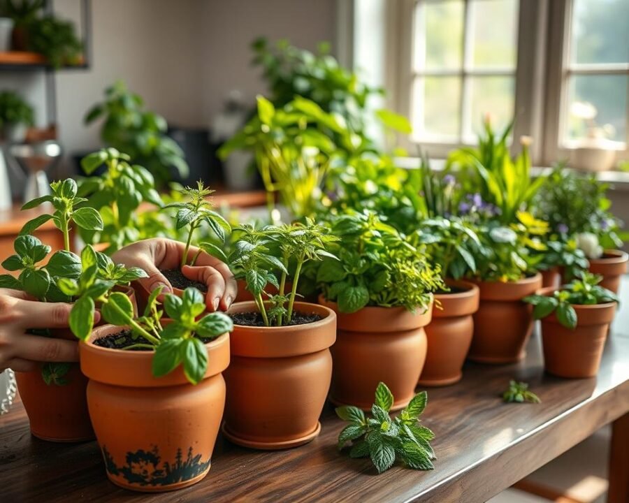 A well-lit indoor setting with a wooden table or shelf, showcasing the process of potting and cultivating a variety of thriving indoor herbs. In the foreground, hands gently transplanting young herb seedlings into decorative terracotta pots, filled with nutrient-rich potting soil. Surrounding the pots, an assortment of common kitchen herbs like basil, rosemary, thyme, and mint, their vibrant green leaves and delicate flowers creating a lush, harmonious composition. In the background, a large window allows natural sunlight to stream in, illuminating the scene with a warm, inviting glow. The overall mood is one of tranquility, productivity, and a connection to the natural world, perfectly capturing the essence of "Planting Your Indoor Herbs: Step-by-Step".