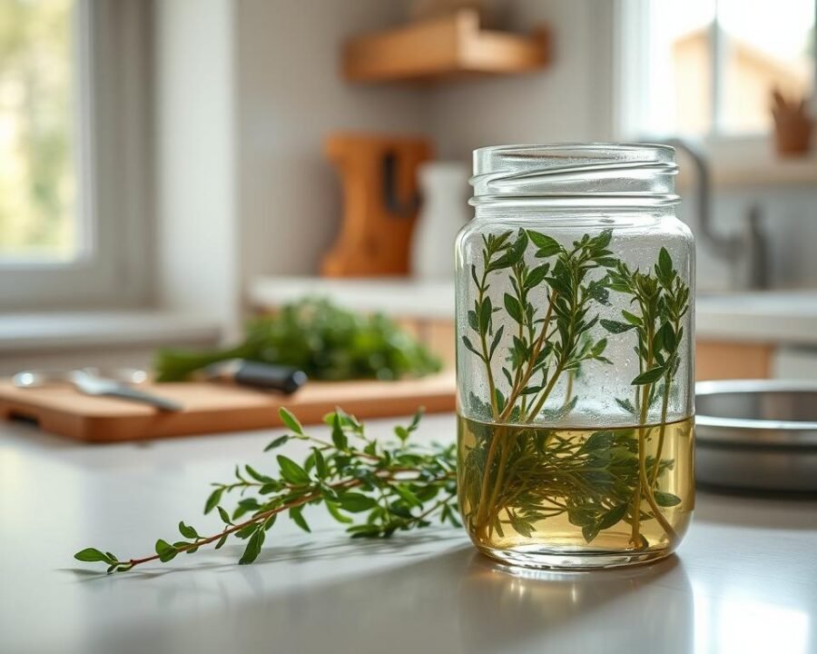 A well-lit kitchen counter, with a bundle of freshly harvested French tarragon sprigs arranged neatly. In the foreground, a glass jar filled with a clear, fragrant liquid, the tarragon sprigs submerged, ready for preservation. In the middle ground, a small pair of scissors and a cutting board, suggesting the preparation process. The background features a soft, blurred view of a window, allowing natural light to illuminate the scene, creating a warm, inviting atmosphere. The overall composition conveys the care and attention required to properly preserve this flavorful herb for future use.