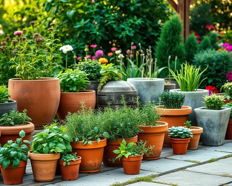 A well-lit, outdoor herb garden showcasing an assortment of beautifully arranged containers. The foreground features a selection of terracotta pots, ranging in size from small to medium, each brimming with lush, fragrant herbs like basil, thyme, and rosemary. The middle ground reveals a mix of weathered wooden planters and sleek, modern concrete containers, all meticulously placed to create a harmonious, visually appealing layout. In the background, a verdant backdrop of leafy greens and vibrant flowers provides a natural, inviting ambiance. The lighting is soft and warm, casting a gentle glow that highlights the textures and colors of the herbs and containers. The overall composition conveys a sense of tranquility, inspiration, and the joy of cultivating a thriving, outdoor herb garden.