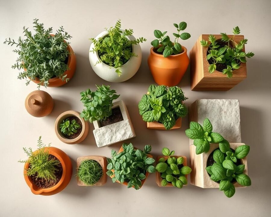 A well-lit overhead view of an assortment of natural and sustainable outdoor herb garden planter materials, including terra cotta, ceramic, wood, and stone planters, set against a clean, neutral background. The planters showcase a variety of textures, colors, and shapes, highlighting their suitability for housing thriving herb gardens. The lighting is soft and diffused, creating a serene, naturalistic atmosphere that complements the organic materials. The composition emphasizes the diverse options available for creating beautiful and functional outdoor herb gardens.