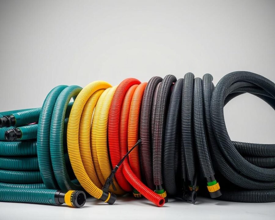 A well-lit studio scene showcasing an arrangement of 50 ft garden hoses in various colors and designs. The hoses are positioned side by side, allowing for easy visual comparison. The hoses are made of durable, high-quality materials such as reinforced rubber or vinyl, with attention to details like nozzle attachments and connectors. The lighting is soft and evenly distributed, creating a clean, professional-looking composition. The background is neutral, allowing the hoses to be the main focus of the image. The overall mood is one of thoughtful consideration, inviting the viewer to closely examine and compare the features and capabilities of the different garden hose options.