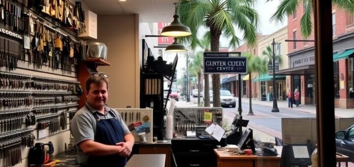 A well-lit, welcoming storefront of a local locksmith service in Winter Garden, Florida. In the foreground, a skilled locksmith stands behind the counter, surrounded by an array of specialized tools and keys. In the middle ground, the shop's interior showcases a range of security products, from high-tech locks to classic deadbolts. The background reveals the quaint, historic downtown streetscape of Winter Garden, with its charming brick buildings and lush palm trees. The overall atmosphere conveys a sense of trustworthiness, expertise, and community-driven service that embodies the "Your Trusted Locksmith Winter Garden Professionals" theme.