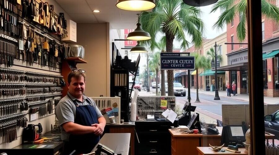 A well-lit, welcoming storefront of a local locksmith service in Winter Garden, Florida. In the foreground, a skilled locksmith stands behind the counter, surrounded by an array of specialized tools and keys. In the middle ground, the shop's interior showcases a range of security products, from high-tech locks to classic deadbolts. The background reveals the quaint, historic downtown streetscape of Winter Garden, with its charming brick buildings and lush palm trees. The overall atmosphere conveys a sense of trustworthiness, expertise, and community-driven service that embodies the "Your Trusted Locksmith Winter Garden Professionals" theme.