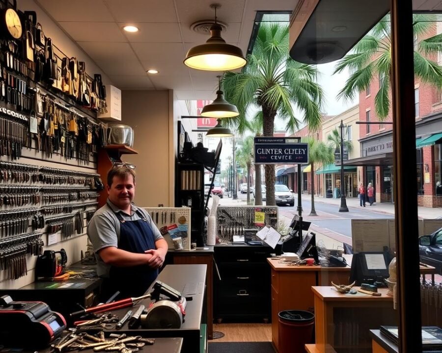 A well-lit, welcoming storefront of a local locksmith service in Winter Garden, Florida. In the foreground, a skilled locksmith stands behind the counter, surrounded by an array of specialized tools and keys. In the middle ground, the shop's interior showcases a range of security products, from high-tech locks to classic deadbolts. The background reveals the quaint, historic downtown streetscape of Winter Garden, with its charming brick buildings and lush palm trees. The overall atmosphere conveys a sense of trustworthiness, expertise, and community-driven service that embodies the "Your Trusted Locksmith Winter Garden Professionals" theme.