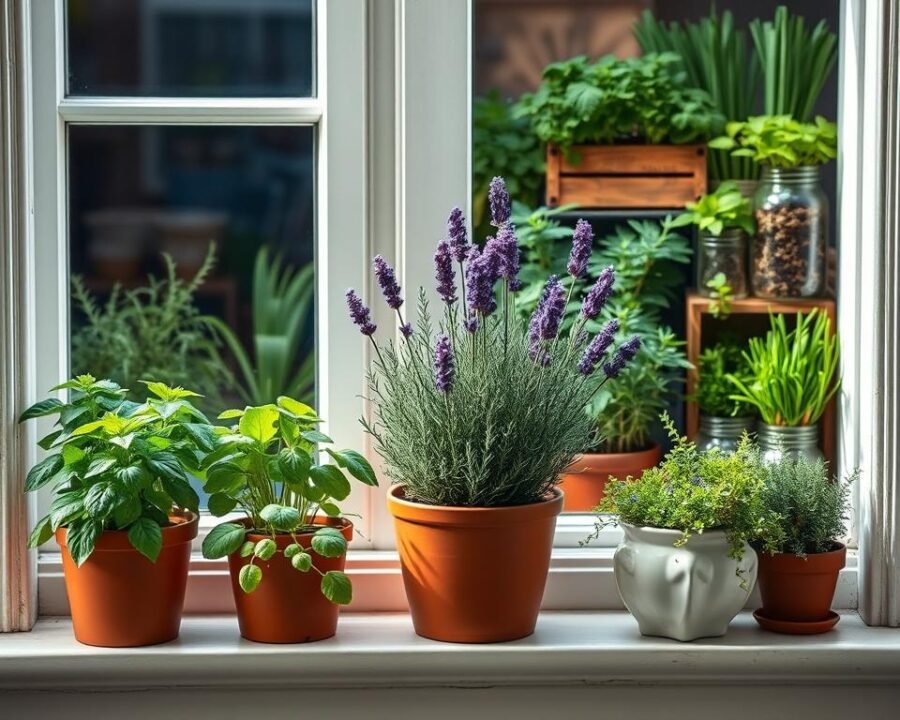 A well-lit windowsill displays an assortment of lush, vibrant herb containers. In the foreground, a row of terracotta pots houses thriving basil, rosemary, and oregano plants, their fragrant leaves gently swaying. In the middle ground, a sleek, minimalist ceramic planter holds a flourishing lavender bush, its delicate purple flowers catching the soft, natural light. In the background, a collection of vintage-inspired glass jars and wooden crates showcases an array of other herbs, such as mint, thyme, and chives, their verdant foliage creating a visually striking and inviting display. The overall scene radiates a sense of serenity and warmth, perfectly capturing the essence of a bountiful, homegrown herb garden.