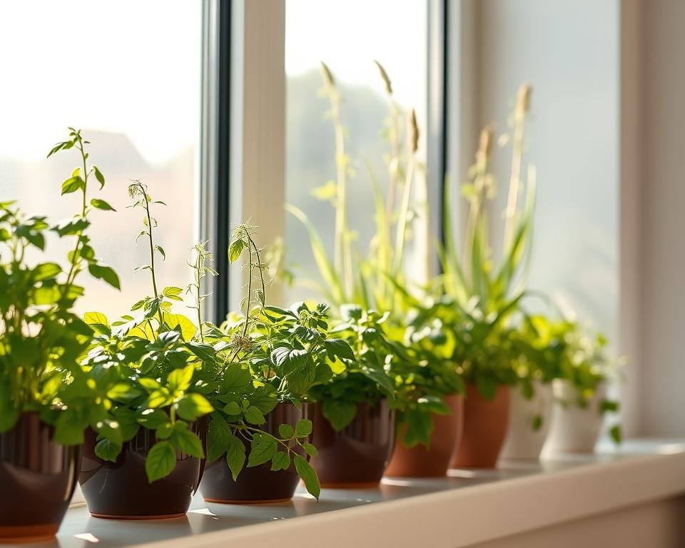 A well-lit windowsill with an assortment of thriving herbs, their leaves gently swaying in the soft, natural illumination. The foreground features a range of aromatic culinary herbs, their vibrant green foliage casting delicate shadows on the glossy ceramic pots. In the middle ground, a variety of herbs stand tall, their stems reaching towards the sunlight streaming through the window. The background depicts the serene, minimal setting of a clean, white windowsill, allowing the lush, verdant herbs to take center stage. The lighting is warm and diffused, highlighting the intricate textures and subtle hues of the plants, creating an inviting and calming atmosphere.