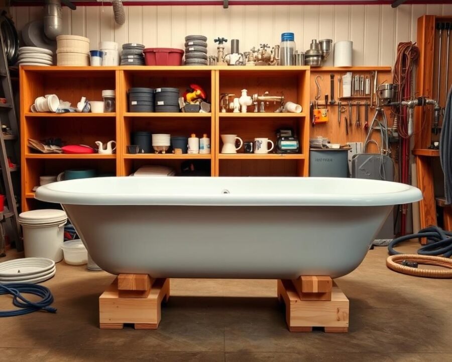 A well-lit workshop interior with a mobile home bathtub set on sturdy wooden blocks, surrounded by plumbing supplies and tools. The bathtub is positioned in the center, its gleaming porcelain surface reflecting the warm glow of overhead lighting. In the background, shelves hold a variety of fittings, valves, and other installation components, hinting at the technical expertise required for this task. The scene conveys a sense of careful preparation, with everything in place for a smooth and professional mobile home bathtub installation.
