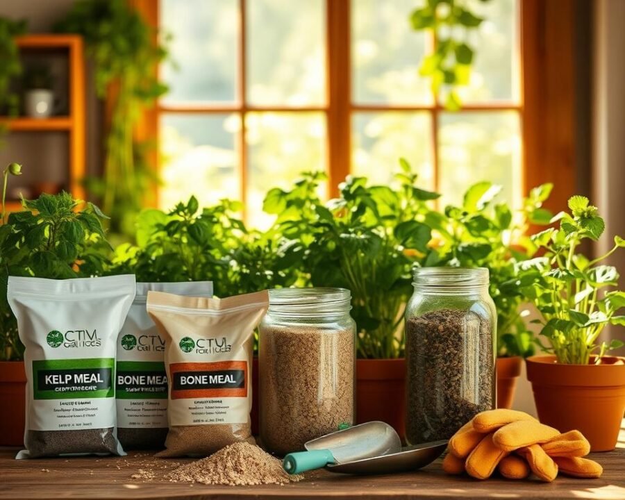 A well-organized array of organic fertilizer options for thriving indoor herbs, bathed in warm, natural lighting. In the foreground, an assortment of nutrient-rich soil amendments including kelp meal, bone meal, and compost, displayed against a backdrop of terracotta pots and lush, verdant herbs. The middle ground features a glass jar filled with slow-release, granular fertilizer, complemented by a small trowel and gardening gloves, conveying a sense of care and attention to detail. The background depicts a cozy, sunlit indoor setting, with a window overlooking a verdant outdoor landscape, creating an atmosphere of harmony and nurturing growth.