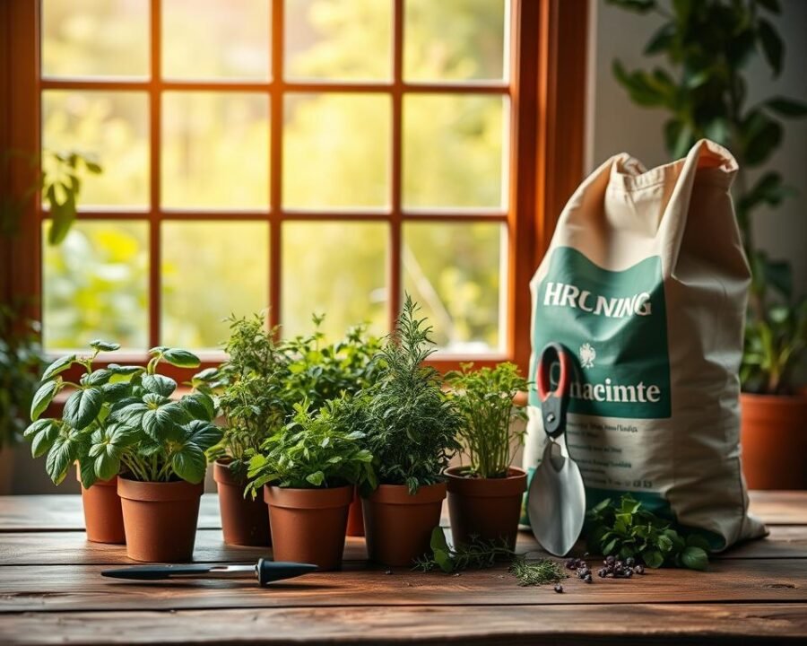 A well-stocked herb garden starter kit neatly arranged on a rustic wooden table. In the foreground, a selection of healthy potted herbs like basil, thyme, rosemary, and parsley stand ready to be transplanted. In the middle ground, a pair of pruning shears, a small trowel, and a bag of organic potting soil create a harmonious still life. The background features a window overlooking a lush, green outdoor garden, bathed in warm, natural lighting that casts a soft glow on the scene. The overall mood is one of tranquility and the promise of a bountiful, homegrown herb garden.