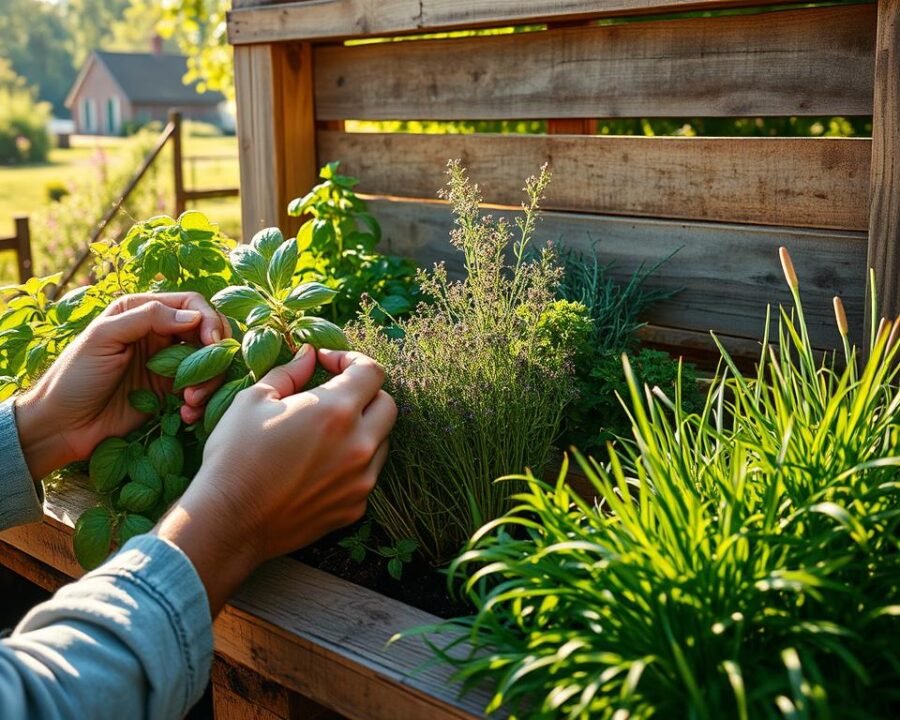 A well-tended pallet herb garden, lush and vibrant, bathed in warm afternoon sunlight. In the foreground, a pair of weathered hands gently tending to the thriving plants - trimming leaves, removing weeds, and checking soil moisture. The middle ground showcases the rustic wooden pallet structure, its slats overflowing with an array of aromatic herbs - fragrant basil, hearty rosemary, and vibrant chives. In the background, a picturesque garden scene unfolds, with verdant foliage and a glimpse of a quaint country home. The scene conveys a sense of tranquility, care, and the rewarding experience of maintaining a thriving homegrown herb garden.