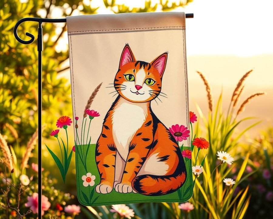 A whimsical cat garden flag, its vibrant design showcasing a playful feline amid a lush, verdant landscape. Warm afternoon sunlight casts a soft, inviting glow, illuminating the flag's vibrant colors and intricate details. In the foreground, the cat sits contentedly, its expression serene and its eyes filled with an air of regal charm. The middle ground features a delightful assortment of blooming flowers and swaying grasses, creating a tranquil, natural setting. The background fades into a hazy, dreamlike horizon, suggesting a sense of peaceful solitude. The overall composition conveys a charming, personalized touch, perfect for adding a touch of whimsy and character to any outdoor space.