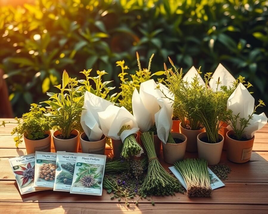 A wooden table bathed in warm, golden light. In the foreground, a collection of herb seeds in various packets and small ceramic pots, each one labeled with its variety. In the middle ground, several cuttings from healthy herb plants, their stems neatly wrapped in damp paper towels. Behind them, a backdrop of lush, green foliage, hinting at the thriving medicinal garden to come. The composition is balanced, with the seeds and cuttings taking center stage, inviting the viewer to explore the options for starting their own herb journey. The overall mood is one of natural abundance, serenity, and the promise of new growth.
