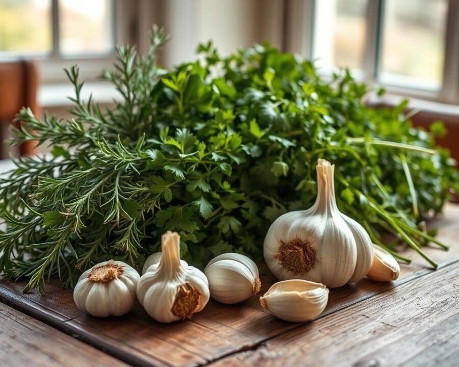 A wooden table, its surface worn and weathered, is adorned with a vibrant arrangement of freshly harvested herbs. Sprigs of fragrant rosemary, thyme, and oregano mingle with crisp, green parsley and chives, their delicate leaves casting intricate shadows. In the foreground, a handful of garlic cloves rests, their papery skins peeled back to reveal the firm, ivory flesh within. Soft, natural lighting filters in through a nearby window, casting a warm, inviting glow over the scene. The overall mood is one of rustic simplicity, highlighting the essential ingredients for a homemade ranch dressing that will elevate any salad or dish.