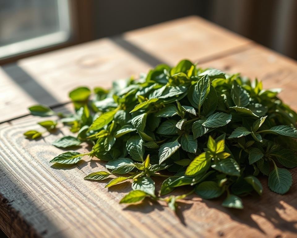 A wooden table with a rustic texture, illuminated by soft, natural lighting from the side. On the table, a pile of freshly dried lemon balm leaves, their vibrant green hues and delicate, lacy structure captured in fine detail. The leaves are arranged in an artful, organic manner, casting subtle shadows that add depth and dimension to the scene. The background is slightly blurred, emphasizing the focus on the delicate, aromatic herbs. The overall mood is calming, inviting the viewer to appreciate the beauty and simplicity of the drying process.