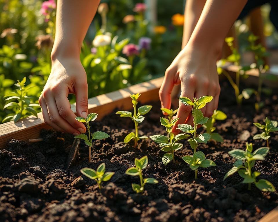 A young person's hands carefully planting lemon balm seedlings in a raised garden bed. The soil is dark and rich, with a soft texture. Sunlight filters through the leaves of nearby plants, casting a warm, natural glow. In the background, a variety of herbs and flowers create a lush, vibrant garden scene. The composition emphasizes the delicate care and attention required for successful lemon balm cultivation. The overall mood is one of tranquility, growth, and the beauty of homegrown herbs.