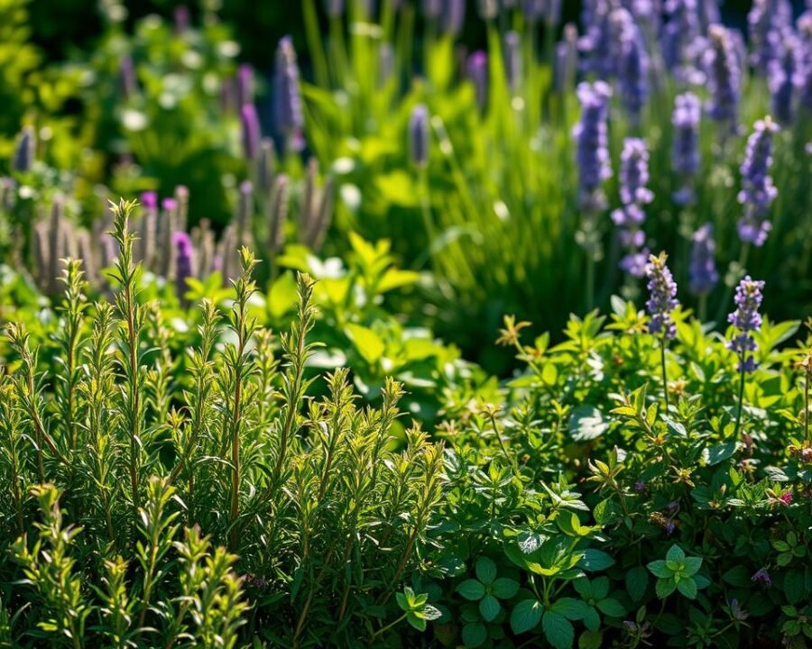 An assortment of lush, vibrant herb plants thriving in a meticulously curated outdoor garden. The foreground features an abundance of fragrant rosemary, thyme, and oregano, their delicate leaves gently swaying in a warm, natural light. In the middle ground, a variety of leafy greens such as basil, parsley, and chives stand tall, their colors ranging from deep green to vibrant purple. The background showcases a harmonious blend of lavender, sage, and other aromatic herbs, creating a visually striking and serene composition. The overall scene exudes a sense of tranquility and abundance, inviting the viewer to imagine the rich flavors and aromas of a well-tended herb garden.