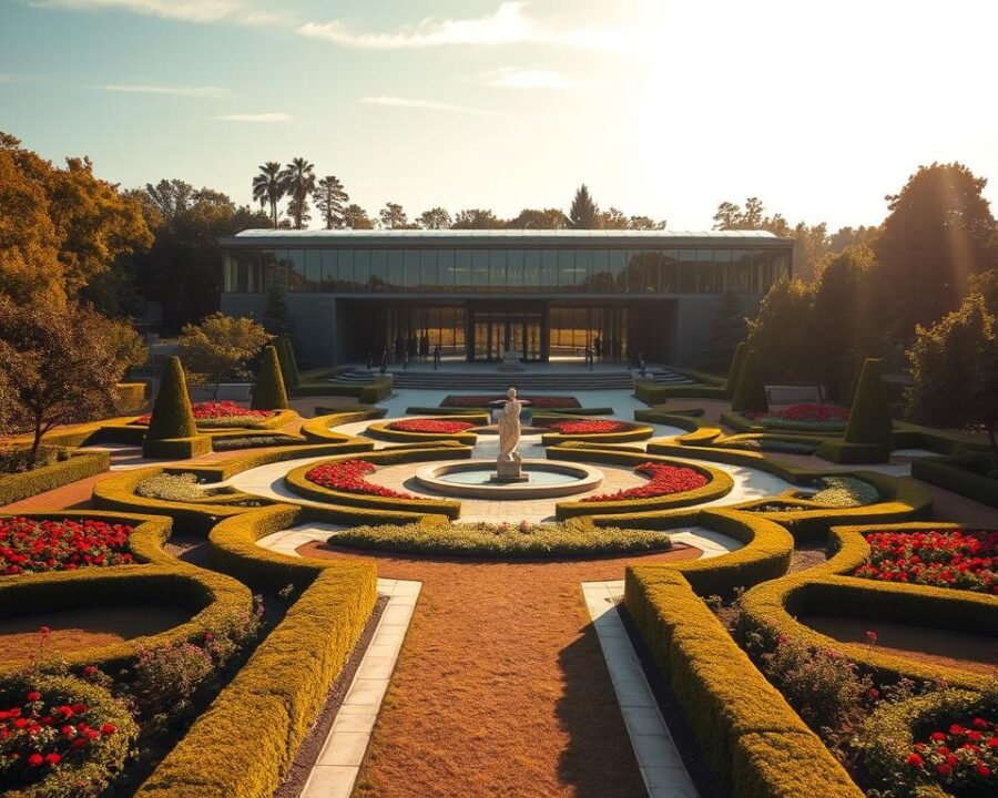 An elegant and harmonious German American Friendship Garden, its architecture and design a testament to unity. In the foreground, a symmetrical layout with neatly trimmed hedges and flowerbeds in vibrant hues. Meandering paths lead the eye through the middle ground, where thoughtfully placed sculptures and water features create a sense of tranquility. In the background, a striking modern pavilion with clean lines and expansive glass panels reflects the sky, blending seamlessly with the natural surroundings. Warm, golden sunlight filters through the lush foliage, casting soft shadows and imbuing the scene with a serene, welcoming atmosphere.