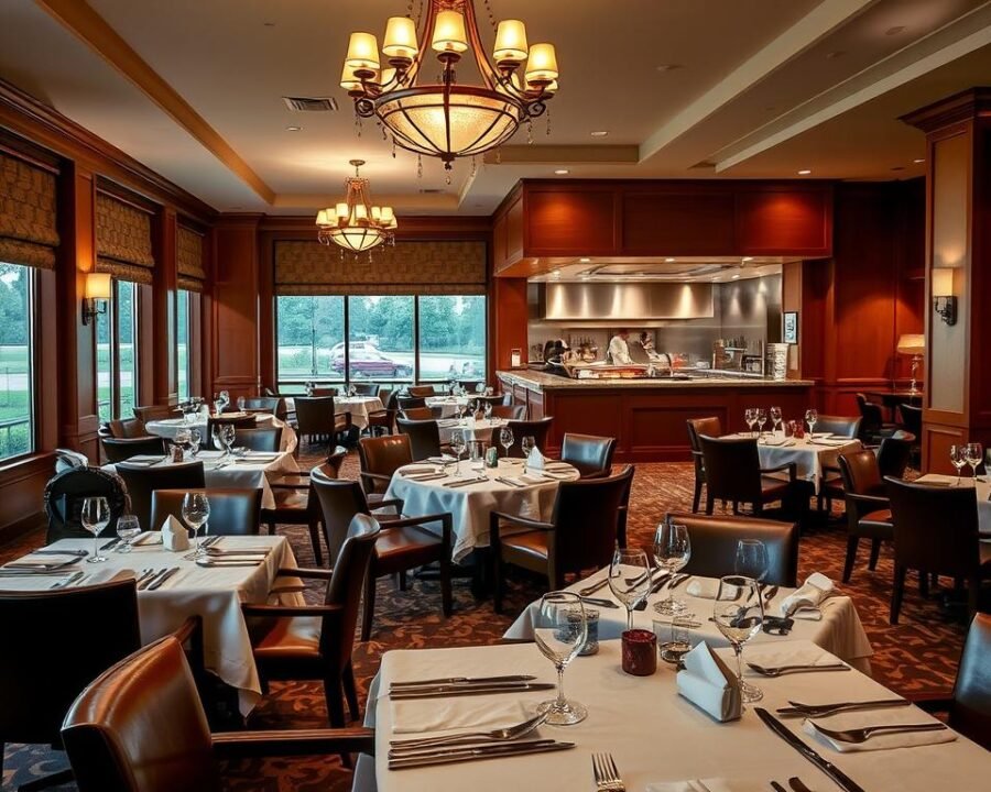 An elegant dining area in the warm-toned interior of the Hilton Garden Inn Grapevine. Inviting tables with crisp white linens and gleaming silverware, surrounded by plush leather chairs. Soft lighting from ornate chandeliers casts a cozy glow, while large windows offer views of the lush hotel grounds. In the background, a modern open-concept kitchen bustles with activity, tantalizing aromas wafting through the air. The overall atmosphere exudes comfort and sophistication, perfect for a memorable dining experience.