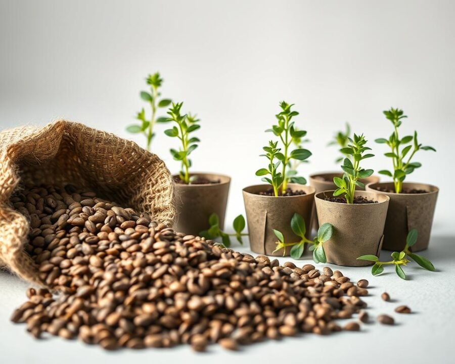 An elegant still life showcasing an array of oregano seeds and starter plants. In the foreground, a cluster of mature oregano seeds spills out of a burlap sack, their rich brown hues glistening under the soft, diffused lighting. In the middle ground, several vibrant green oregano seedlings emerge from biodegradable starter pots, their delicate leaves unfurling. The background is a clean, airy space, allowing the organic textures and verdant tones of the oregano to take center stage. The composition is balanced and inviting, capturing the essence of the planting process in a visually captivating manner.