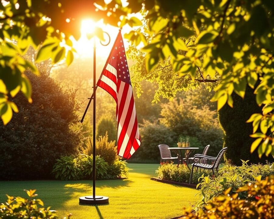 An expansive, sun-drenched garden with a well-designed flag holder prominently displayed. The holder, crafted from durable metal, features a sturdy base and an elegant, adjustable arm that allows for easy positioning of the flag. Lush, vibrant foliage frames the scene, creating a serene and inviting atmosphere. Warm, golden light filters through the leaves, casting a gentle glow on the flag and its holder. The scene conveys the benefits of using a reliable, versatile garden flag holder to showcase your patriotic or decorative flags with pride and ease.