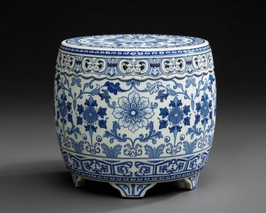 An image of a beautifully crafted porcelain garden stool with intricate designs.