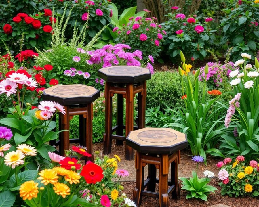An image of a beautifully decorated garden with Asian garden stools