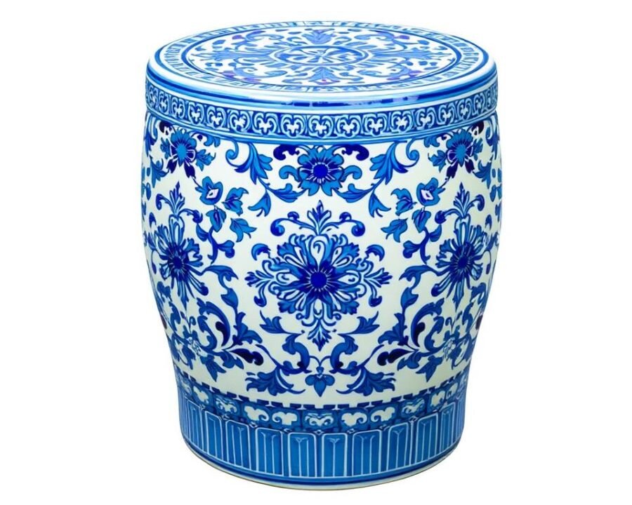 An image of a blue and white porcelain garden stool.