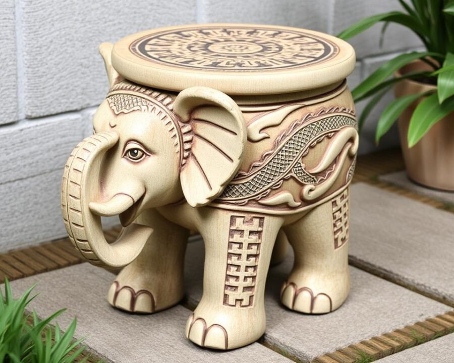 An image of an elephant garden stool with a dragon motif.