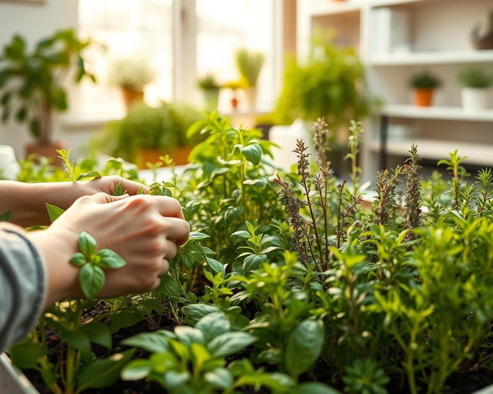 An indoor herb garden with lush, vibrant plants thriving under warm, natural lighting. In the foreground, a person's hands carefully tending to the soil, pruning leaves and removing any dead or damaged growth. Mid-ground showcases a variety of healthy, fragrant herbs such as basil, thyme, and rosemary, each with distinct textures and hues. The background features a cozy, well-lit indoor space, perhaps a kitchen or sunroom, with clean, minimalist shelving or surfaces to display the flourishing garden. Soft, diffused lighting creates a serene, nurturing atmosphere, highlighting the verdant foliage and the person's attentive gardening techniques.