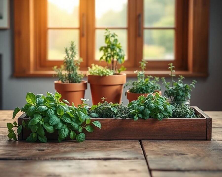 An inviting herb planter setup nestled on a rustic wooden table, bathed in warm, natural light. In the foreground, a rectangular planter box overflows with lush, vibrant herbs - fragrant basil, aromatic thyme, and leafy parsley. The middle ground showcases a pair of terracotta pots, one holding a flourishing rosemary plant, the other a thriving oregano. In the background, a large window frames a tranquil outdoor scene, hinting at the planter's ideal placement. The overall composition exudes a sense of serenity and abundance, capturing the essence of a thriving, well-tended herb garden.