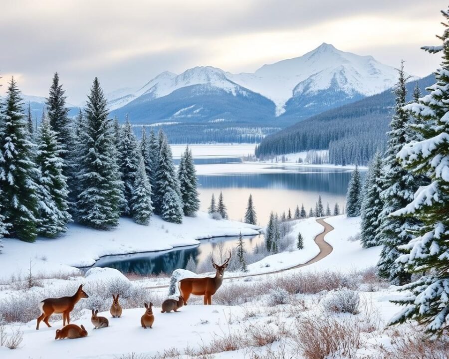Avalon Ridge natural beauty: a stunning winter landscape, with snow-covered evergreen trees and a tranquil lake reflecting the surrounding peaks. In the foreground, a group of woodland creatures - deer, rabbits, and birds - gather amidst the pristine snow. The middle ground features a well-maintained hiking trail, winding through the frozen landscape. In the background, majestic mountains rise up, their peaks dusted with a layer of fresh snow. Soft, diffused lighting casts a serene glow over the entire scene, creating a sense of peaceful solitude. The image conveys the natural wonder and outdoor living opportunities of Avalon Ridge, inviting the viewer to explore this enchanting winter wonderland.