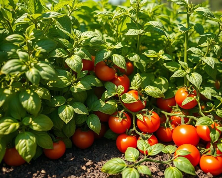Basil and tomato plants thriving in a lush, sun-dappled garden. The basil leaves are vibrant green, their delicate edges catching the warm light. Ripe, juicy tomatoes in various shades of red and orange cluster around the plants, casting soft shadows on the soil below. The scene is captured from a low angle, emphasizing the abundance and symbiosis of this classic herb-vegetable companion planting. Soft, diffused lighting creates a serene, inviting atmosphere, highlighting the natural beauty of this thriving, harmonious garden.