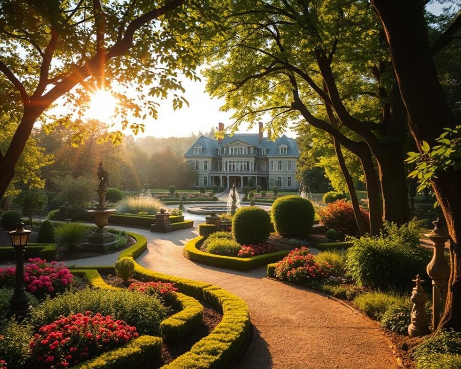 Chanticleer Pleasure Garden, a lush and vibrant oasis in the heart of Pennsylvania, unfolds its captivating history. Stroll through meticulously manicured grounds, where verdant landscapes and whimsical sculptures intertwine. Capture the warm glow of the afternoon sun filtering through the canopy of trees, casting a soft, dreamlike atmosphere. In the foreground, a winding path invites exploration, leading visitors past dazzling floral displays and serene water features. The middle ground reveals a sprawling manor house, its Victorian architecture a testament to the garden's storied past. Delve into the rich tapestry of this enchanting space, where the past and present seamlessly converge, creating a timeless experience for all who visit.