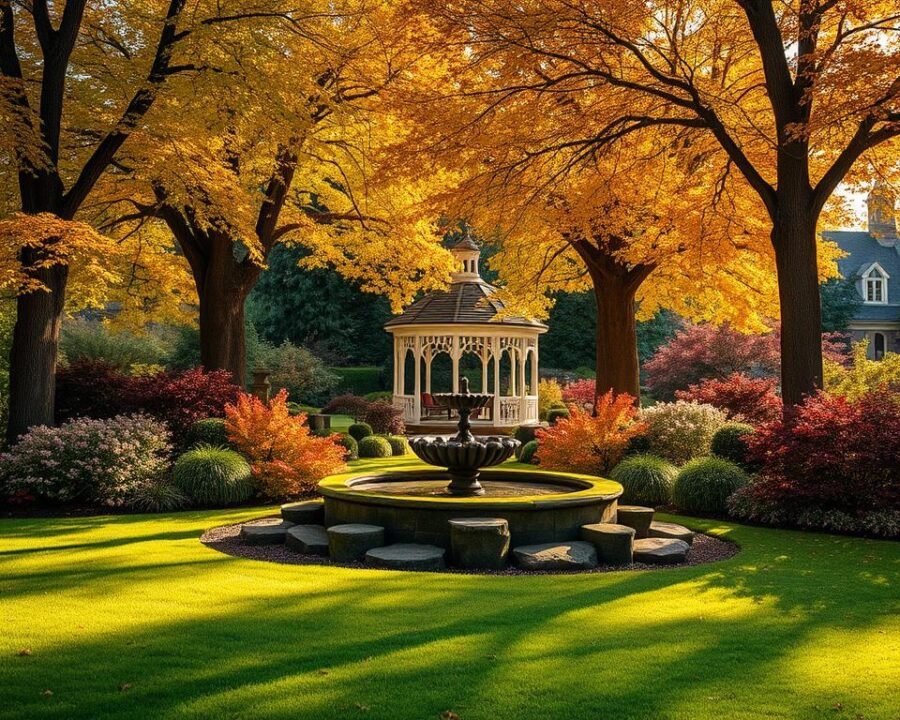 Chanticleer Pleasure Garden in autumn, a vibrant tapestry of rich colors and textures. In the foreground, a lush, well-manicured lawn leads the eye to a charming stone fountain, its gentle waters cascading over moss-covered rocks. Towering trees in shades of gold, orange, and crimson frame the scene, their leaves dappling the ground with a natural confetti. Warm sunlight filters through the canopy, casting a soft, inviting glow and creating delicate shadows that dance across the ground. In the distance, a picturesque gazebo stands proudly, inviting visitors to pause and soak in the serene, seasonal ambiance of this enchanting garden oasis.
