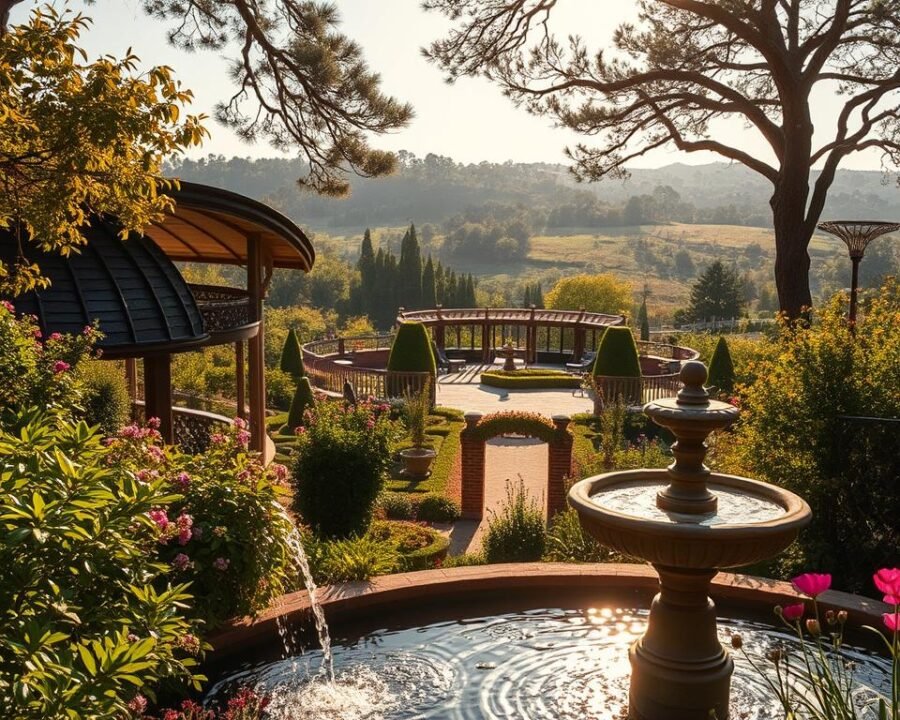 Chanticleer's whimsical landscape, a tapestry of meticulously curated gardens bursting with vibrant hues and enchanting textures. In the foreground, a cascading fountain surrounded by lush, verdant foliage and delicate blooms. The middle ground reveals an exquisite garden pavilion, its curved roof and intricate lattice work casting dappled shadows on the terrace below. In the distance, a rolling hillside dotted with towering trees, their branches reaching skyward, creating a serene, natural backdrop. Warm, golden sunlight filters through, casting a soft, dreamy glow and highlighting the garden's breathtaking details. The overall scene exudes a sense of tranquility and wonder, inviting the viewer to immerse themselves in the unique enchantment of Chanticleer.