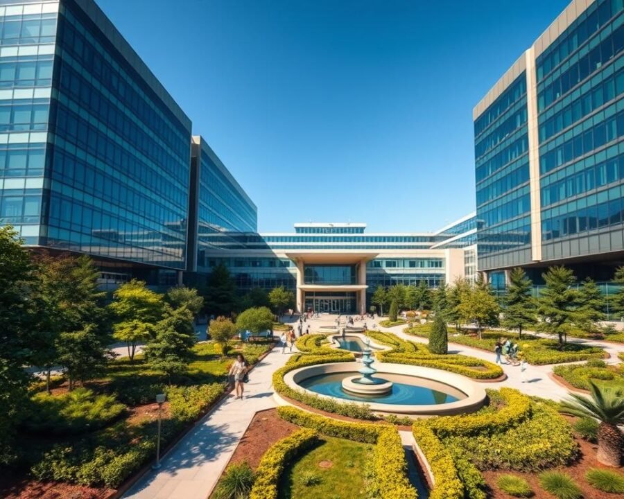 Comprehensive Healthcare Services: A sprawling modern hospital campus, its gleaming glass facades reflecting the clear blue sky. In the foreground, a thriving garden with lush greenery and a serene water feature, symbolizing the natural healing power. Patients and visitors stroll along the meandering pathways, their faces conveying a sense of calm and trust. The middle ground features the main entrance, its grand archway welcoming all who seek exceptional medical care. Beyond, the bustling hub of activity, with state-of-the-art diagnostic and treatment facilities, staffed by a team of dedicated healthcare professionals. Warm lighting illuminates the scene, creating an atmosphere of comfort and reassurance. This is a place of holistic healing, where cutting-edge technology meets compassionate, personalized care.