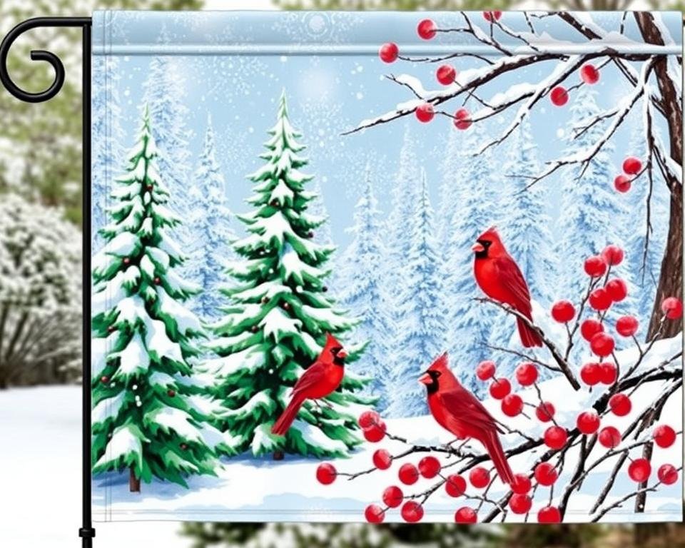 Create an image of a Winter Wonderland garden flag featuring a snow-covered landscape with evergreen trees and cardinal birds.