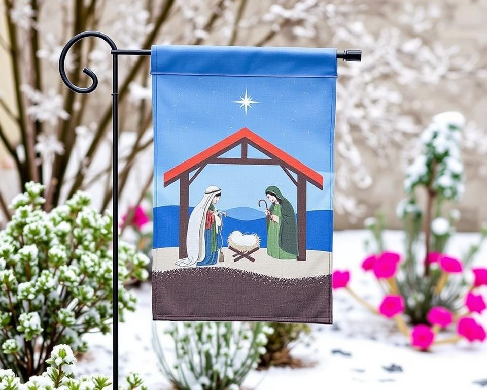 Create an image of a serene Nativity scene garden flag with a soft, snowy background.
