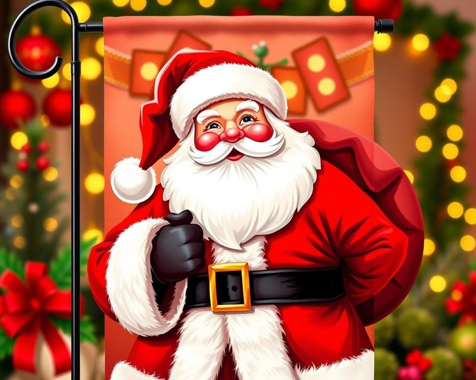 Create an image of a vibrant Santa Claus garden flag with a festive holiday background.